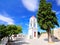 Clock tower in Skiathos, Greece against the blue sky