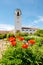 Clock tower of a train depot with bright orange poppies