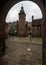 Clock tower of Well Court in Dean Village, Edinburgh, Scotland