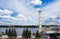 Clock tower of Yaroslavl river station with emblem of city and Volga river