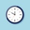 Clock for wall on flat style. Icon of watch. Blue clock with white dial and shadow. Time in round alarm. Black hour arrow, orange