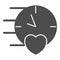 Clock, watch, heart, speed date, time, love solid icon, dating concept, timepiece vector sign on white background, glyph
