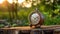 Clock on wood in the morning, blurred nature background. Generative Ai