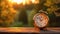 Clock on wood in the morning, blurred nature background. Generative Ai