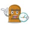 With clock wooden door isolated on character cartoon