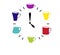 Clocks made of colorful cups different sizes and types. time to drink tea