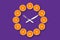 Clocks made of half cut tangerines with arrows made of fork and knife that shows 10 minutes past 10 on a purple background