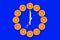 Clocks made of half cut tangerines with arrows made of fork and knife that shows 7 o`clock on a bright blue background.