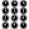 Clocks showing different time hours symbols icons signs logos simple black and white colored set 2