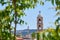 Clocktower of cathedral against a clear blue sky in Hania, Crete, Creece.