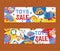 Clockwork bright mechanic children toys shop sale set of banners vector illustration. Mechanical windup cute gifts