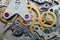 Clockwork, gears in an old watch. Teamwork concept, idea, technology, eternity, business. Macro