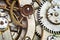 Clockwork, gears in an old watch. Teamwork concept, idea, technology, eternity, business. Macro