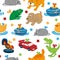 Clockwork toys with key vector seamless pattern. Mechanic toys for baby with mechanism for kids. Animal clock work cat