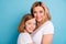 Cloeup profile photo of two people beautiful mommy lady small little daughter blonds hugging good mood best friends wear