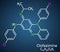 Clofazimine molecule. It is riminophenazine antimycobacterial used to treat leprosy. Structural chemical formula on the dark blue