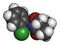 Clomazone herbicide molecule. 3D rendering. Atoms are represented as spheres with conventional color coding: hydrogen white,.