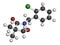 Clomazone herbicide molecule. 3D rendering. Atoms are represented as spheres with conventional color coding: hydrogen white,.