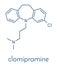 Clomipramine tricyclic antidepressant drug molecule. Used in treatment of depression, obsessive-compulsive disorder, etc. Skeletal