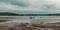 Clonakilty Bay at low tide on a cloudy day. A small blue fishing boat is anchored. Open seabed, silt and algae. Picturesque