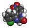 Clonazepam benzodiazepine drug molecule. Used in treatment of seizures, insomnia, anxiety, etc. Atoms are represented as spheres