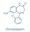 Clonazepam benzodiazepine drug molecule. Used in treatment of seizures, insomnia, anxiety, etc. Skeletal formula.