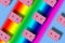 cloned pink retro cassette with star glasses on rainbow backgrounds, creative hippie art wallpaper