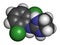 Clonidine drug molecule. Used in treatment of ADHD, hypertension, migraine, anxiety disorders, etc. 3D rendering. Atoms are