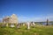 Clonmacnoise Cathedral with the typical crosses and graves