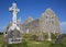 Clonmacnoise Cathedral with the typical crosses and graves