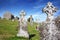 Clonmacnoise Cathedral with the typical crosses and graves