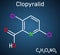 Clopyralid, C6H3Cl2NO2 molecule. It is herbicide, organochlorine pesticide. Structural chemical formula on the dark blue