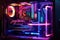 close high performance desktop pc water cooling system cpu socket multicolored led rgb neon light show status working interior