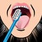 Close illustration of a person with an open mouth brushing teeth