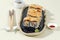 Close Japanese Mentai Sushi Salmon on Blue Plate