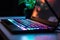 Close laptop keyboard colorful neon illumination, backlit keyboard