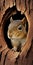 close look of squirrel sticking its head out of the hollow of a tree, superimposed