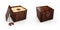 Close and open Wooden box caskets with royal stamp. 3d Illustaration