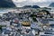 Close overview of Alesund town from the Aksla viewpoint during the late evening before sunset