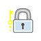close padlock and key modern illustration. Flat line icon safety