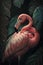 Close portrait pink flamingo with leaf, Generative AI