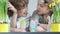 Close portrait of schoolchildren, a boy and a girl at a table with Easter decor. Spring school holidays, first love