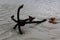 Close shot of an anchor on a wet sandy surface