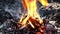 Close shot of bright flames and burning firewood, campfire in full blaze