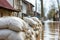 Close shot of flood Protection Sandbags with flooded homes in the background. - AI Generated