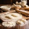 A close shot of a tray of freshly rolled dough, placed on a wooden table with flour ai generative illustration