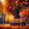 the close shot of the wooden bench beside huge autumn tree with falling leaves with bokeh background