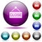 Close sign icon in glass sphere buttons