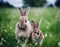 close-up of 2 little cute brown and gray rabbits standing in the grass.
