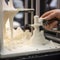 A close-up of a 3D printer building a complex plastic par created with generative AI